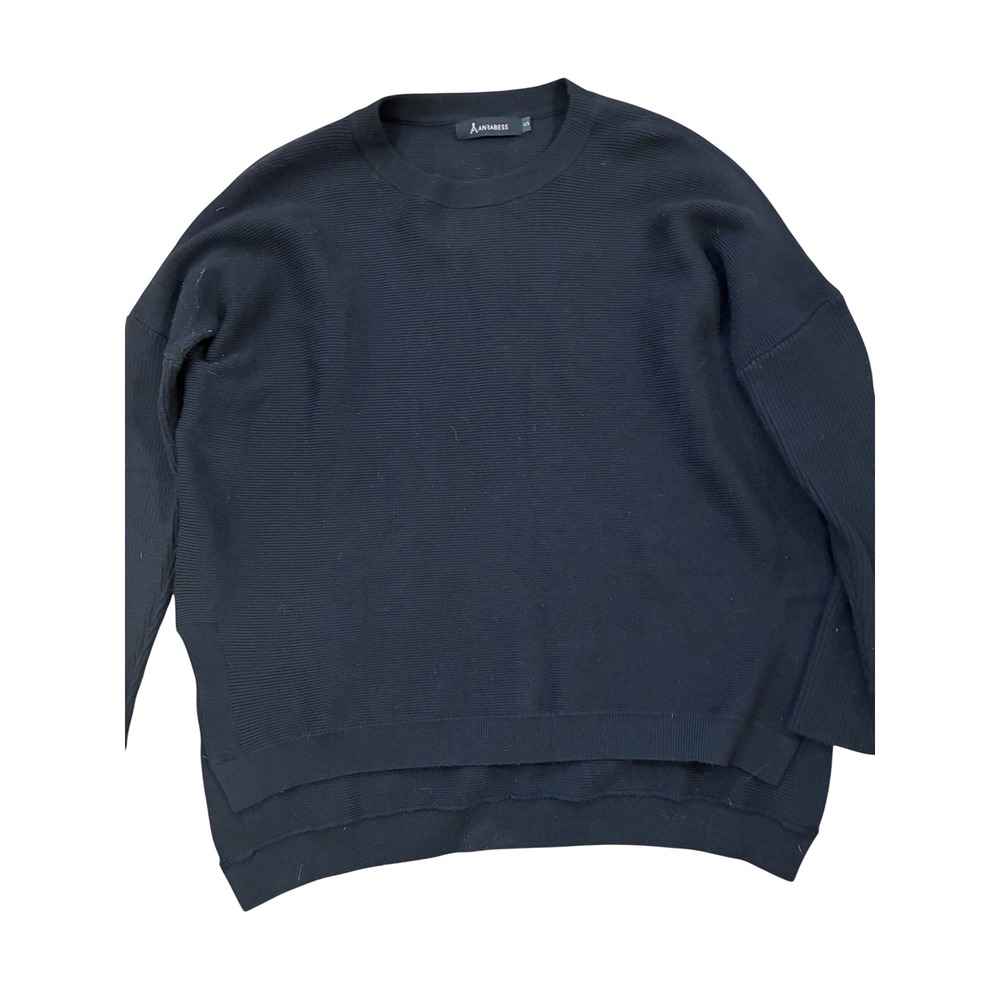 Anrabess Black Ribbed Oversized Soft Crewneck Sweater Small